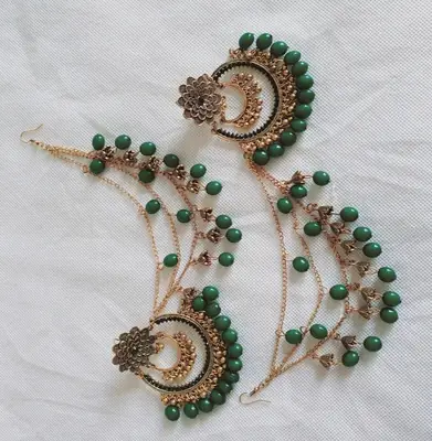 Bridal Pearl Earrings - Gold Plated - Unique Design - 2 Pcs - Green Stone thumbnail 4