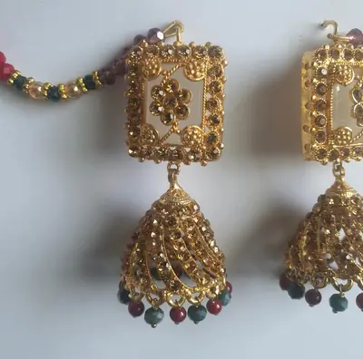 Meenakari Design Gold Plated Rhinestone Jhumka thumbnail 2