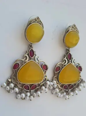 Meenakari Design Silver Plated Gemstone Earrings thumbnail 3