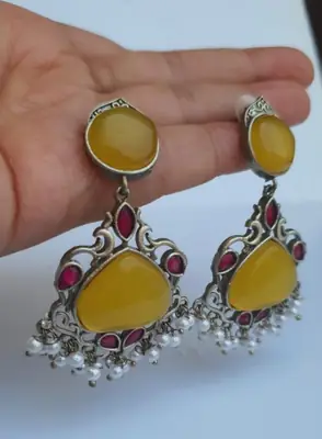 Meenakari Design Silver Plated Gemstone Earrings thumbnail 5