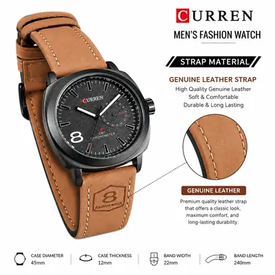 Curren Men's Leather Strap Quartz Watch – Luxury Analog Waterproof Fashion Wrist Watch for Men