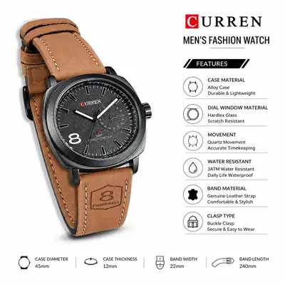 Curren Men's Leather Strap Quartz Watch – Luxury Analog Waterproof Fashion Wrist Watch for Men thumbnail 2