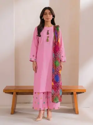 3 Pcs Women's Stitched Cotton Plain Suit