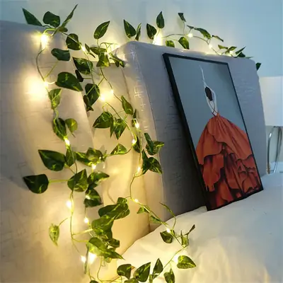 Artificial Plant Leaves bail with 10 ft LED Fairy Lights Battery Operated and 7 ft Bail Leaf Lights for room decoration