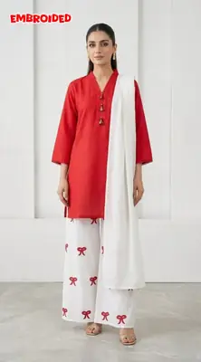 3 Pcs Women's Stitched Cotton Lawn Embroidered Suit