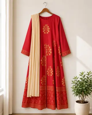 Red block printed Arabic lawn Maxi set for women thumbnail 3