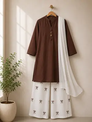 3 Pcs Women's Stitched Cotton Lawn Embroidered Suit Cross Work thumbnail 2