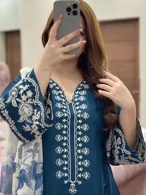 3 Pcs Women's Stitched Cotton Lawn Embroidered Suit thumbnail 3