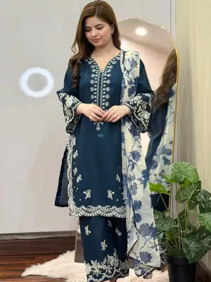 3 Pcs Women's Stitched Cotton Lawn Embroidered Suit thumbnail 4
