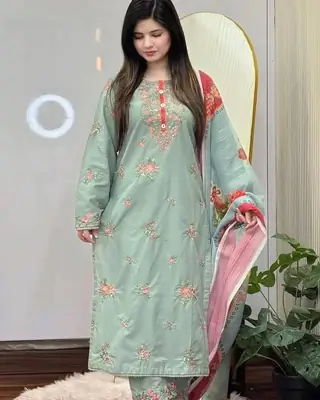 3 Pcs Women's Stitched Cotton Lawn Embroidered Suit thumbnail 3