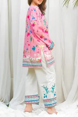 2 Pcs Women's Stitched Arabic Lawn Printed Shirt And Trouser