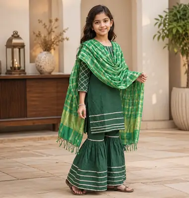 3 Pcs Girl's  Lawn Embroidered Frock And Trouser Set
