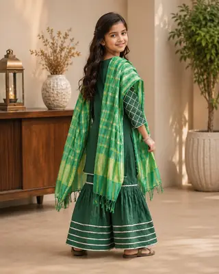3 Pcs Girl's  Lawn Embroidered Frock And Trouser Set thumbnail 3