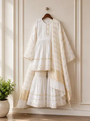 3 Pcs Girl's  Lawn Embroidered Frock And Trouser Set