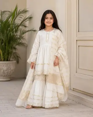 3 Pcs Girl's  Lawn Embroidered Frock And Trouser Set thumbnail 2