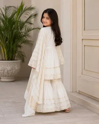 3 Pcs Girl's  Lawn Embroidered Frock And Trouser Set thumbnail 3