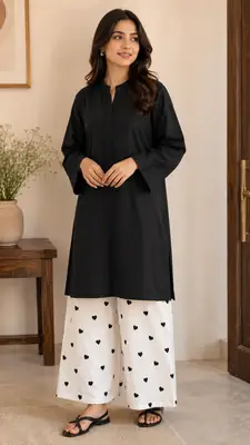 2 Pcs Women's Stitched Cotton Lawn Block Printed Shirt And Trouser Viral Heart Print With Lace