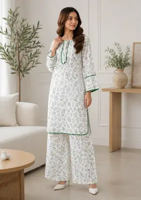 2 Pcs Women's Stitched Cotton Lawn Printed Shirt And Trouser