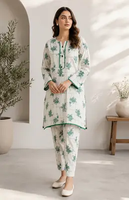 2 Pcs Women's Stitched Cotton Lawn Printed Shirt And Trouser