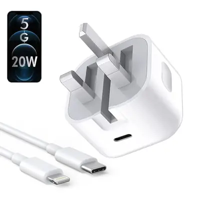 Apple 20W USB-C Fast Charger UK 3-Pin Power Adapter PD Fast Charging for iPhone 17 Pro Max, 16, 15, 14, 13, 12 Series & iPad