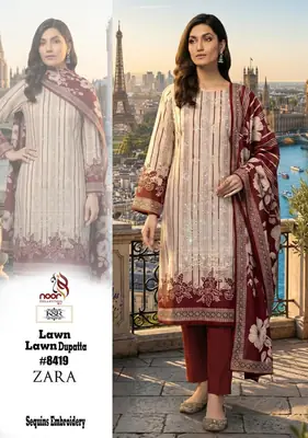 Noor Collection Zara Sequins Embroidered Lawn 3 Piece Suit for Women | Printed Lawn Shirt, Lawn Dupatta & Dyed Trouser