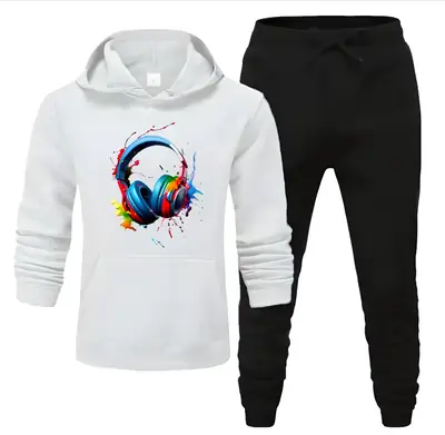 2 Pcs Men's Fleece Printed Hoodie Track Suit