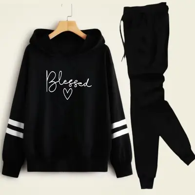 2 Pcs Women's Stitched Fleece Printed Hoodie Tracksuit
