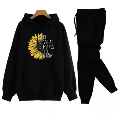 2 Pcs Women's Stitched Fleece Printed Hoodie Tracksuit