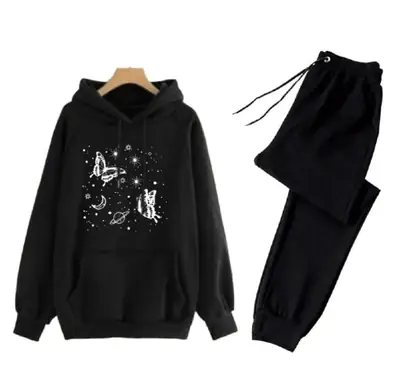 2 Pcs Women's Stitched Fleece Printed Hoodie Tracksuit