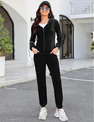 2 Pcs Women's Stitched Fleece Printed Hoodie Tracksuit