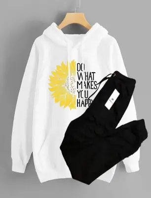 2 Pcs Women's Stitched Fleece Printed Hoodie Tracksuit