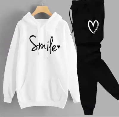 2 Pcs Women's Stitched Fleece Printed Hoodie Tracksuit