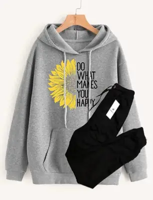 2 Pcs Women's Stitched Fleece Printed Hoodie Tracksuit