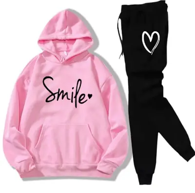 2 Pcs Women's Stitched Fleece Printed Hoodie Tracksuit