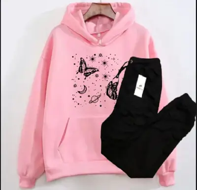 2 Pcs Women's Stitched Fleece Printed Hoodie Tracksuit