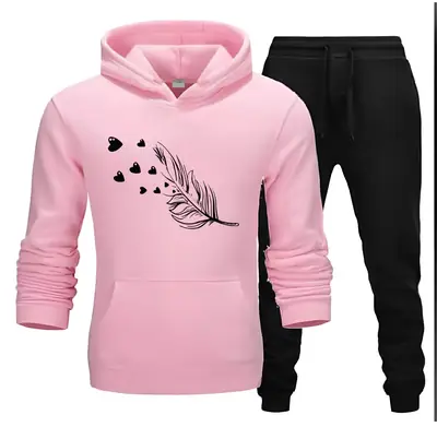 2 Pcs Women's Stitched Fleece Printed Hoodie Tracksuit