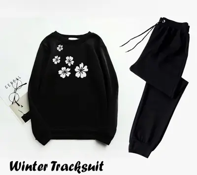 2 Pcs Women's Stitched Fleece Printed Sweatshirt Tracksuit