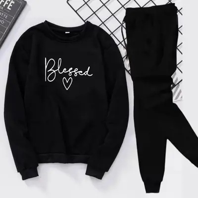 2 Pcs Women's Stitched Fleece Printed Sweatshirt Tracksuit