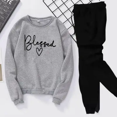 2 Pcs Women's Stitched Fleece Printed Sweatshirt Tracksuit