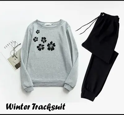 2 Pcs Women's Stitched Fleece Printed Sweatshirt Tracksuit