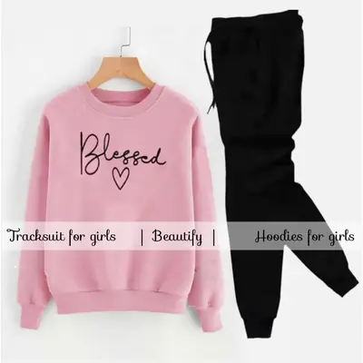 2 Pcs Women's Stitched Fleece Printed Sweatshirt Tracksuit