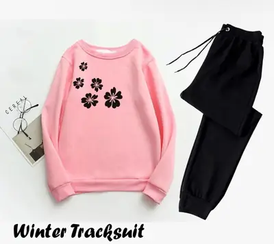 2 Pcs Women's Stitched Fleece Printed Sweatshirt Tracksuit