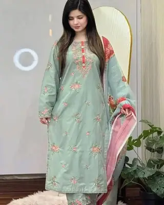 3 Pcs Women's Stitched Lawn Block Printed Shirt And Trouser and dupatta
