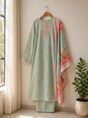 3 Pcs Women's Stitched Lawn Block Printed Shirt And Trouser and dupatta thumbnail 2