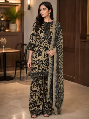 3 Pcs Women's Stitched Lawn Embroidered Suit