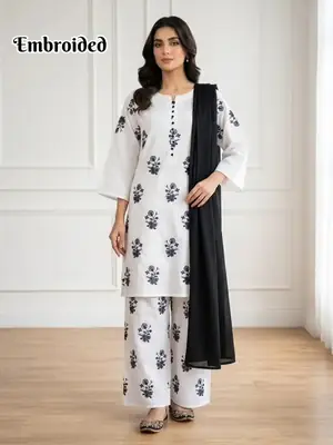 3 Pcs Women's Stitched Cotton Lawn Embroidered Suit
