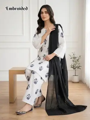 3 Pcs Women's Stitched Cotton Lawn Embroidered Suit thumbnail 3