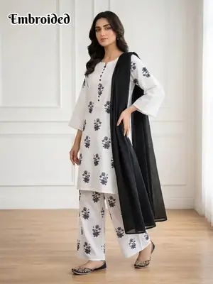 3 Pcs Women's Stitched Arabic Lawn Printed Suit thumbnail 2