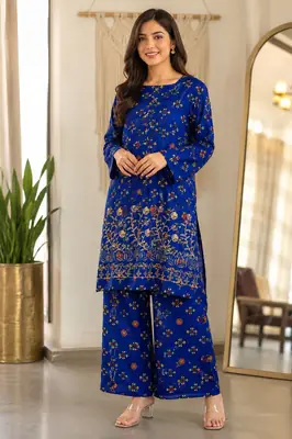 2 Pcs Women's Stitched Lawn Block Printed Shirt And Trouser lase