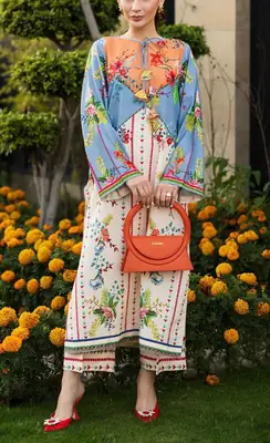 2 Pcs Women's Stitched Arabic Lawn Printed Shirt And Trouser